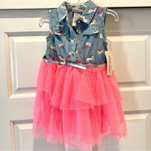 NWT Little Lass kids unicorn denim tulle dress w rhinestones and belt, size 2T